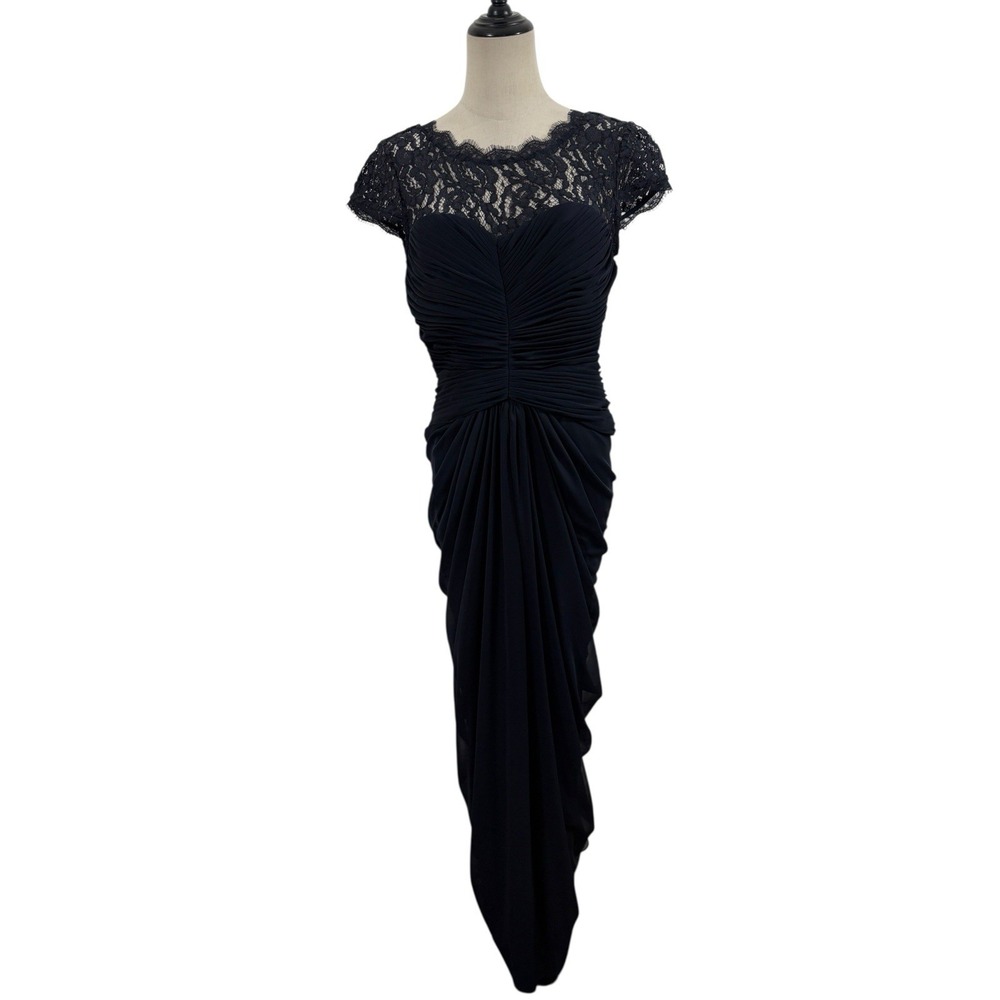 Adrianna Papell Navy Lace Ruched Gown Sz 8‎ Draped Mother Of Bride Gala Event